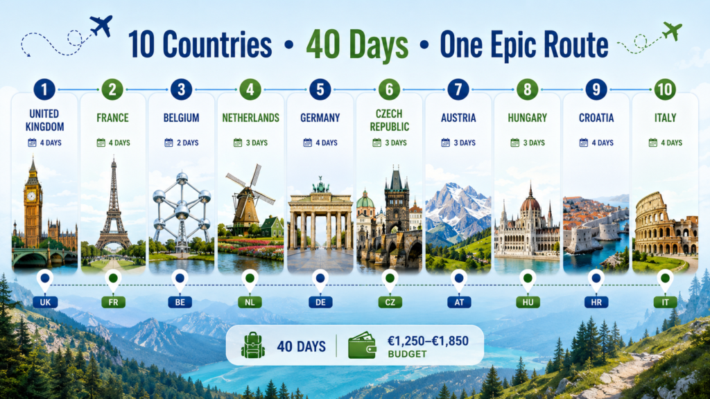 Backpacking route timeline across 10 European countries from UK to Italy with budget estimate