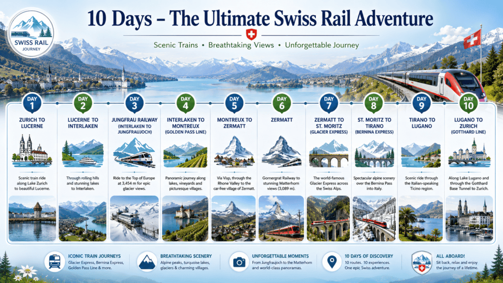 10-day Swiss rail itinerary infographic from Zurich through Lucerne, Interlaken, Montreux, Zermatt, St. Moritz, Tirano and Lugano