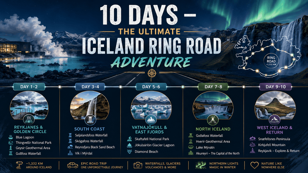 10-day Iceland Ring Road itinerary covering Reykjavík, the Golden Circle, South Coast, Vatnajökull, East Fjords, North Iceland, and West Iceland