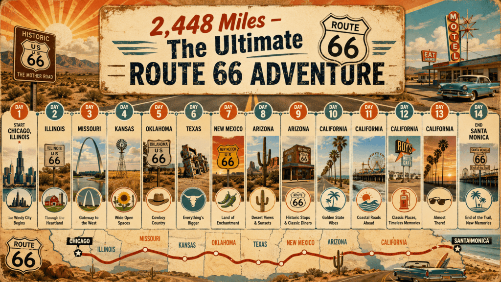 14-day Route 66 itinerary from Chicago to Santa Monica through eight states