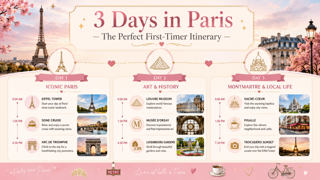 3-day Paris itinerary infographic for first-time visitors. Day 1 covers iconic Paris landmarks including the Eiffel Tower at 9 AM, a Seine river cruise at 1 PM, and the Arc de Triomphe at 4:30 PM. Day 2 features art and history with the Louvre Museum at 9 AM, Musée d'Orsay at 1:30 PM, and Luxembourg Gardens at 4:30 PM. Day 3 explores Montmartre and local life with Sacré-Cœur at 9 AM, Pigalle at 1 PM, and a sunset view at Trocadéro at 7:30 PM. The infographic includes a metro icon and the tagline 'La vie est belle à Paris'.