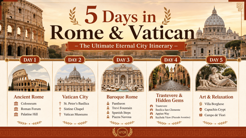 5-day Rome and Vatican itinerary covering Ancient Rome, Vatican City, Baroque landmarks, Trastevere, and additional historic sites