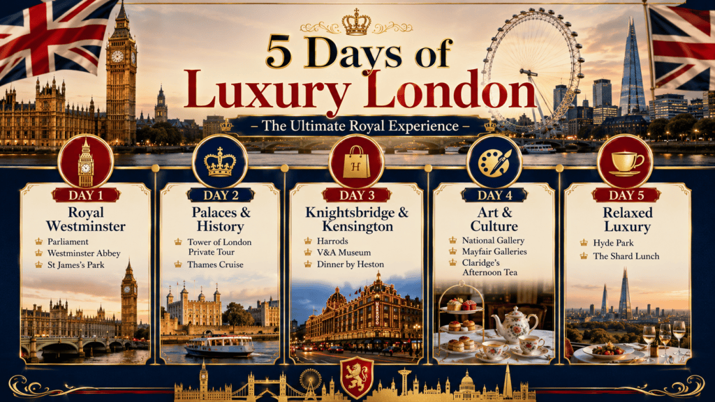 5-day London luxury itinerary covering Westminster, historic landmarks, Knightsbridge, museums, Mayfair, and the Thames