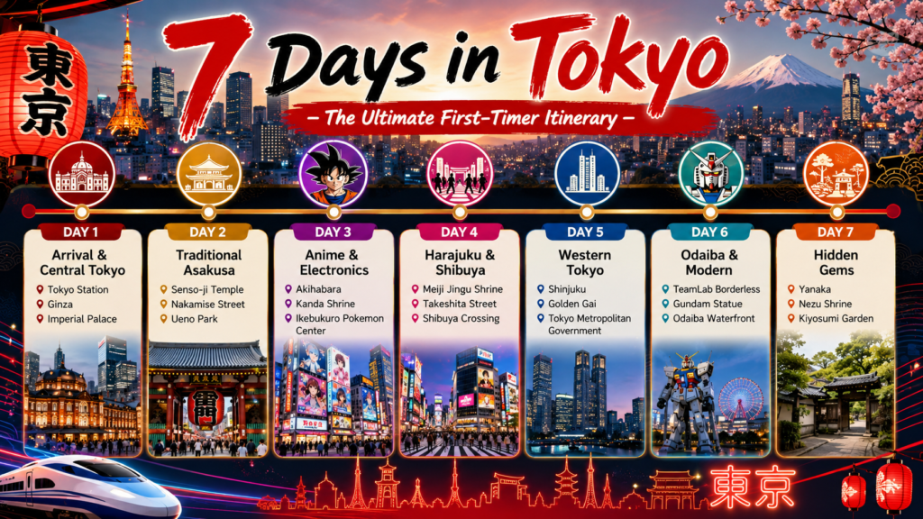 7-day Tokyo itinerary covering traditional neighborhoods, major city districts, and Japanese pop culture