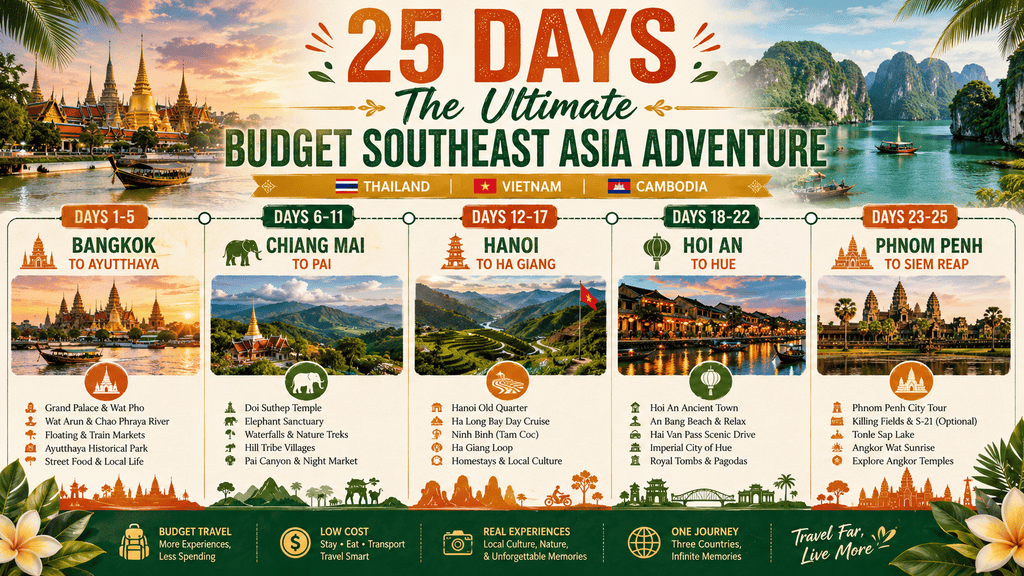 25-day Southeast Asia itinerary covering Thailand, Vietnam, and Cambodia on a budget