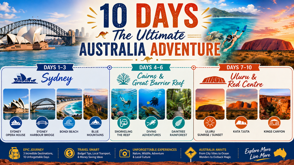 10-day Australia itinerary covering Sydney, the Great Barrier Reef, and Uluru in the Red Centre