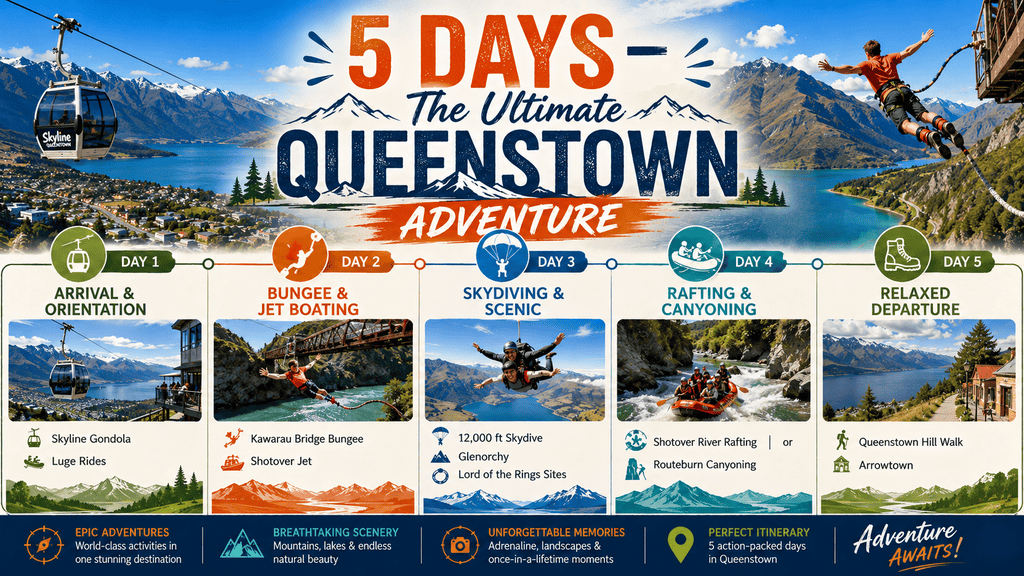 5-day Queenstown itinerary covering the Skyline area, bungee jumping, jet boating, skydiving, Glenorchy, rafting, Arrowtown, and alpine scenery