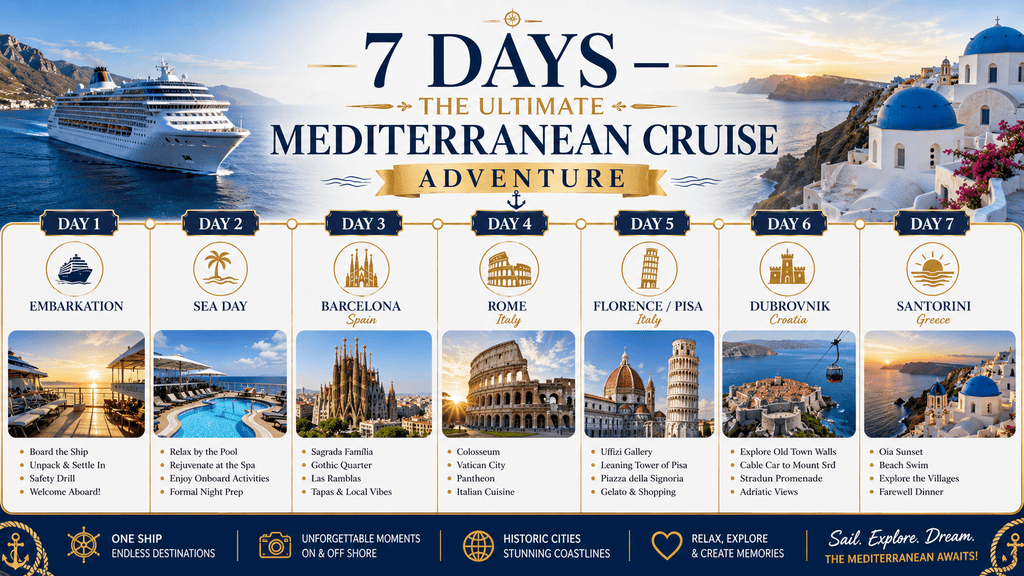 7-day Mediterranean cruise itinerary covering Barcelona, Rome, Florence or Pisa, Dubrovnik, and Santorini