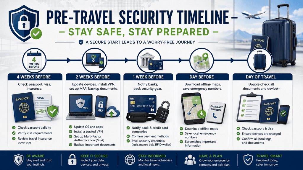 Pre-travel security timeline covering document checks, device security, banking alerts, emergency preparation, and final travel checks
