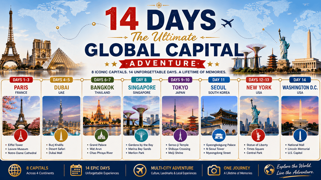 14-day global itinerary timeline covering Paris, Dubai, Bangkok, Singapore, Tokyo, Seoul, New York, and Washington D.C.