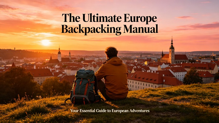 The Ultimate Europe Backpacking Manual: How to Travel Across 10 Countries Safely on a Budget — cover illustration featuring travel essentials, European landmarks, and a planned route for affordable and secure backpacking adventures.