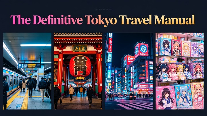 The Definitive Tokyo Travel Manual: Navigating Subway Systems, Historic Temples, and Modern Anime Culture — cover illustration featuring Tokyo subway network, traditional shrines, neon districts, and Japanese pop culture landmarks.