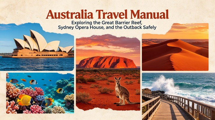 Australia travel collage showing Sydney Opera House, Great Barrier Reef corals, Uluru at sunset, red desert landscapes, kangaroos, and coastal boardwalks