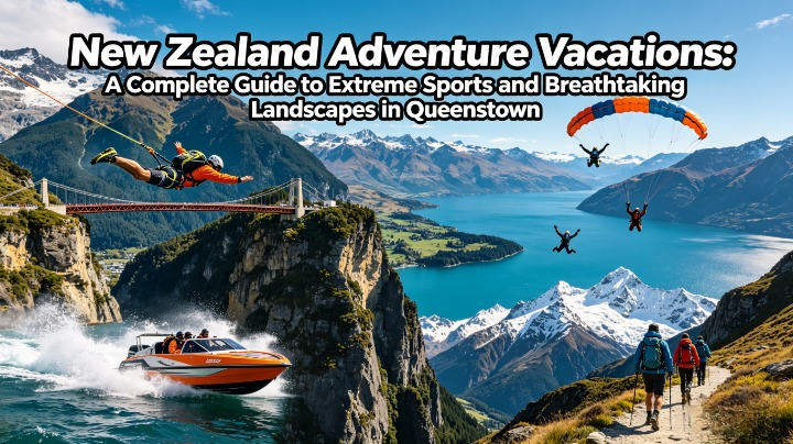 Queenstown New Zealand adventure collage showing Nevis bungee jump, jet boat in canyons, skydivers over Lake Wakatipu, The Remarkables peaks, and hikers on alpine trails