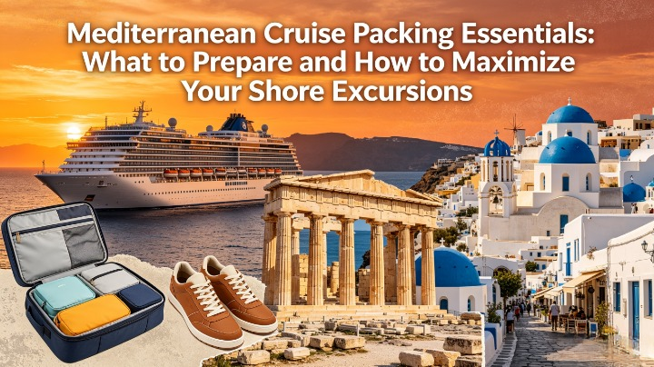 Mediterranean cruise guide collage showing cruise ship at sunset, packing cubes, walking shoes, ancient ruins, Greek islands, and coastal town streets