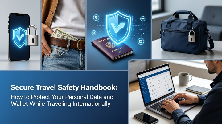 Secure travel safety guide collage showing locked smartphone, hidden money belt, passport with shield, VPN icons, anti‑theft bag, and traveler checking bank details securely