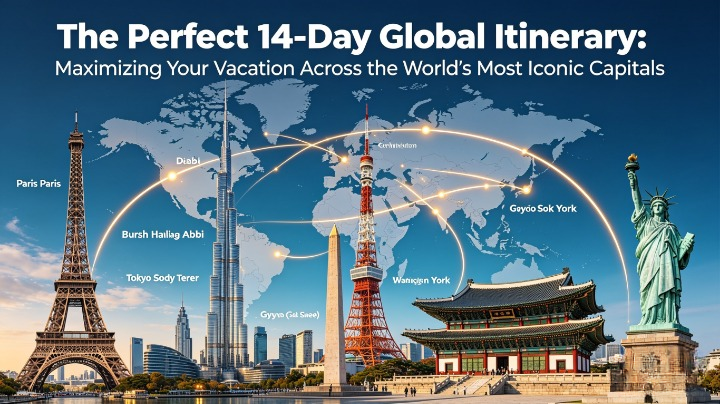 Global capital itinerary collage showing Eiffel Tower, Burj Khalifa, Tokyo Skytree, Seoul Palace, Statue of Liberty, Washington Monument, and a world map connecting all cities