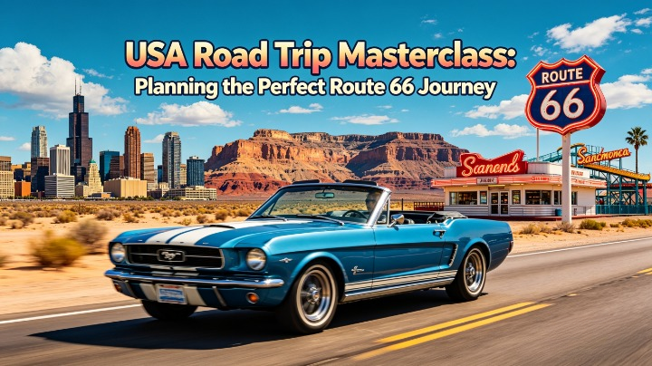 Route 66 road trip collage showing the start sign in Chicago, classic diners, desert highways, Grand Canyon, and the Santa Monica Pier finish line