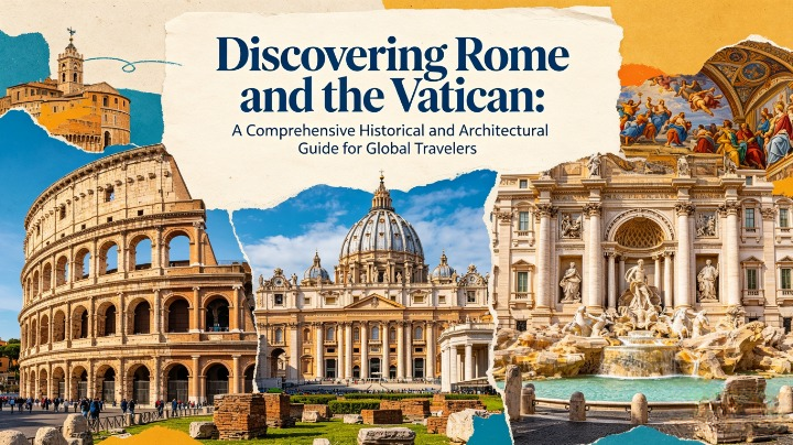 Rome and Vatican City travel guide collage showing the Colosseum, St. Peter’s Basilica dome, Sistine Chapel ceiling, Trevi Fountain, and ancient Roman ruins