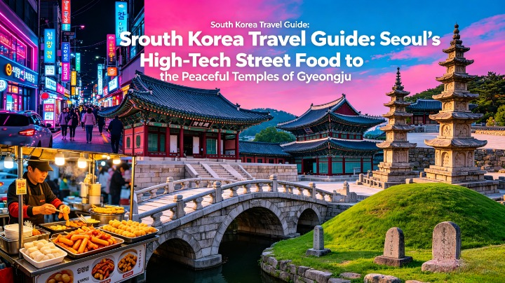 South Korea travel guide collage showing Seoul neon streets, royal palaces, street food stalls, Bulguksa Temple pagodas, and Gyeongju royal tombs