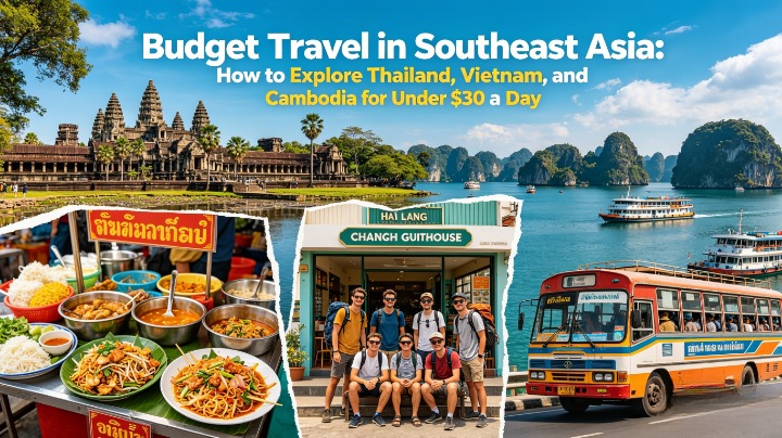 Budget Southeast Asia travel collage showing street food stalls, cheap guesthouses, local buses, Angkor Wat, Ha Long Bay, and backpackers exploring markets