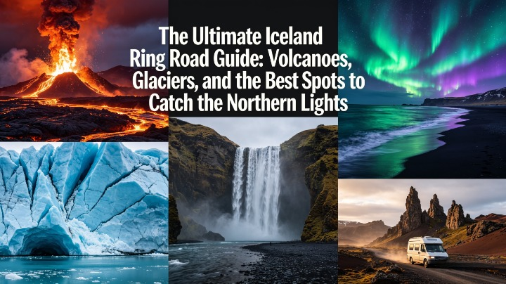 Iceland Ring Road collage showing erupting volcanoes, blue glaciers, Northern Lights over black beaches, waterfalls, and a campervan driving through volcanic landscapes