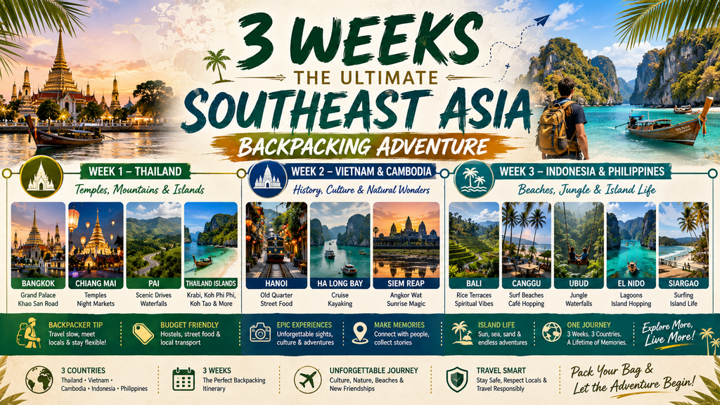 Three-week Southeast Asia backpacking itinerary covering Thailand, Vietnam, Indonesia, and the Philippines