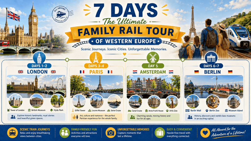 7-day family rail tour itinerary infographic through Western Europe covering London, Paris, Amsterdam, and Berlin