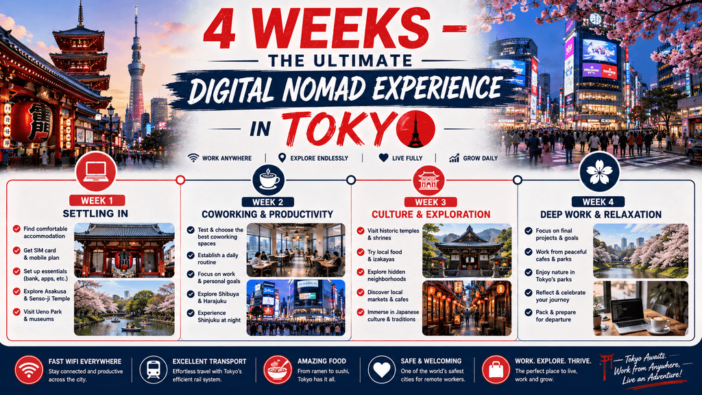 4-week digital nomad timeline infographic for Tokyo. Week 1 covers settling in with accommodation and SIM setup. Week 2 focuses on coworking and productivity. Week 3 explores culture and neighborhoods. Week 4 covers deep work and relaxation. Horizontal travel banner.