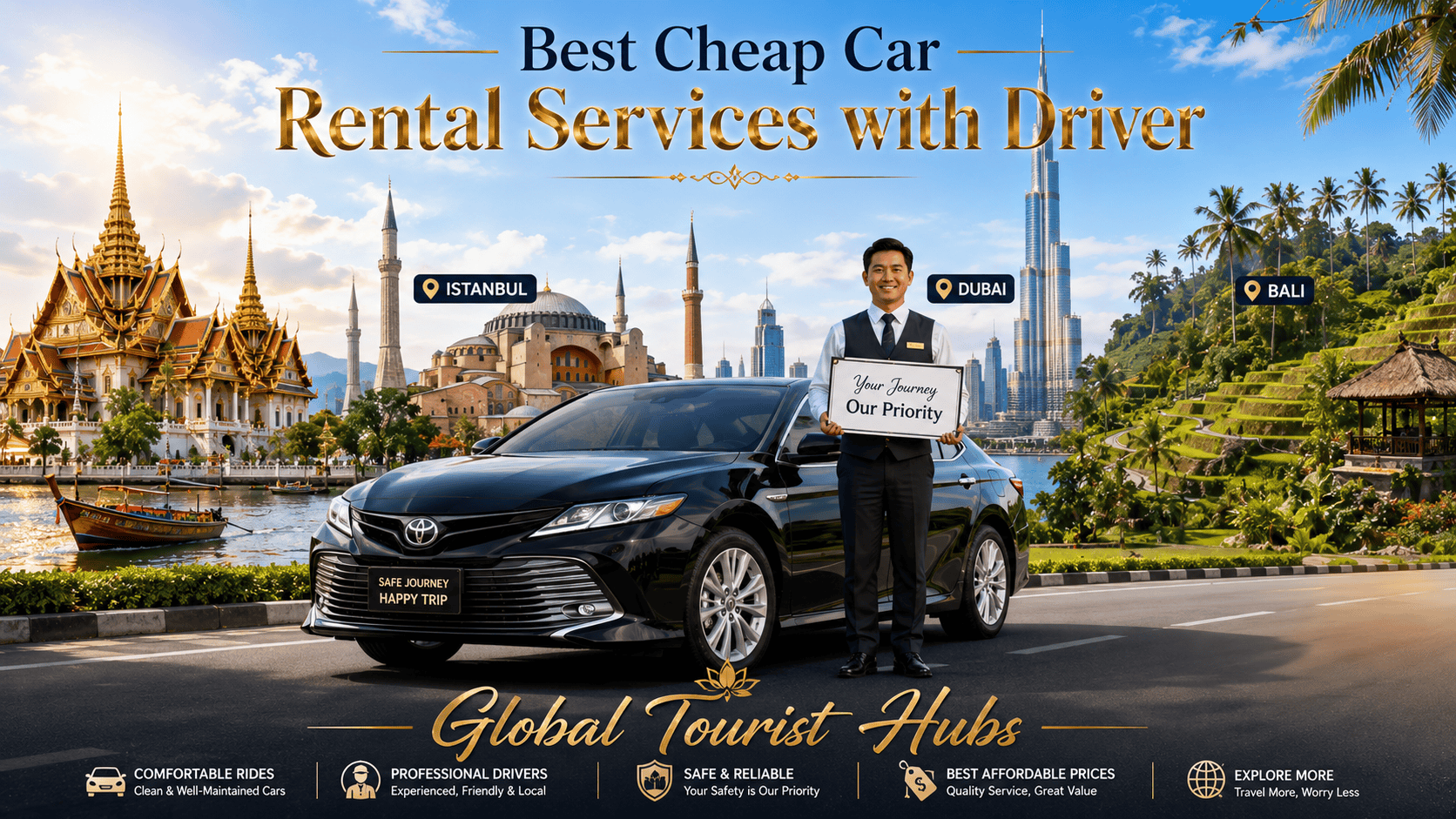 Cover image for car rental with driver services guide featuring a modern sedan car with a professional driver in front of iconic landmarks from Bangkok, Istanbul, Dubai, and Bali, representing affordable and reliable global tourist hub transportation.