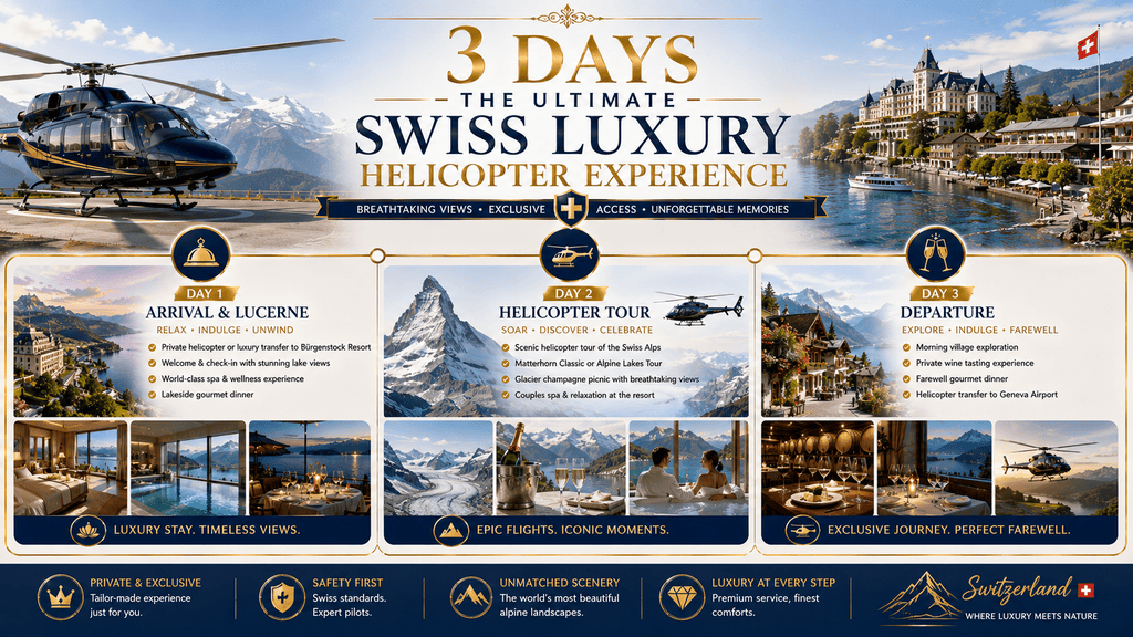 3-day luxury Switzerland helicopter tour itinerary featuring Lucerne, Alpine scenery and a glacier-focused experience