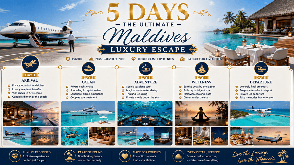5-day luxury Maldives itinerary infographic. Day 1 covers private jet and seaplane transfer. Day 2 features a private yacht excursion and couples spa. Day 3 includes underwater dining and jet skiing. Day 4 focuses on wellness with sunrise yoga and spa. Day 5 covers departure by seaplane and private jet. Includes a luxurious deep blue, turquoise, gold, and white color palette with Maldives symbols. Horizontal travel banner.