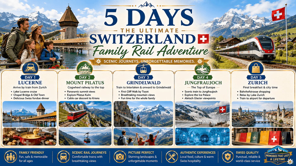 5-day family rail tour itinerary infographic in Switzerland. Day 1 covers Lucerne with Lake Lucerne and the Chapel Bridge. Day 2 features Mount Pilatus with its cogwheel railway. Day 3 explores Grindelwald with the First Cliff Walk. Day 4 visits Jungfraujoch, the Top of Europe. Day 5 covers Zurich with Bahnhofstrasse shopping. Includes a warm alpine blue, green, and golden yellow color palette with family-friendly travel symbols. Horizontal travel banner.
