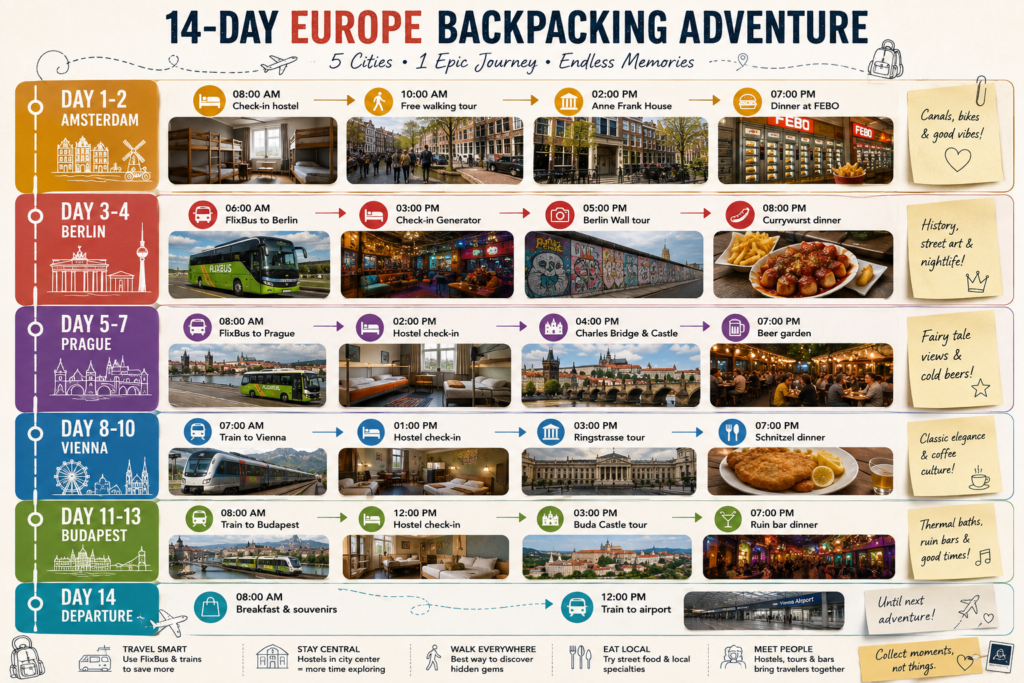 14-day backpacking Europe itinerary covering Amsterdam, Berlin, Prague, Vienna, Budapest with budget hostels, free walking tours, and affordable transport options
