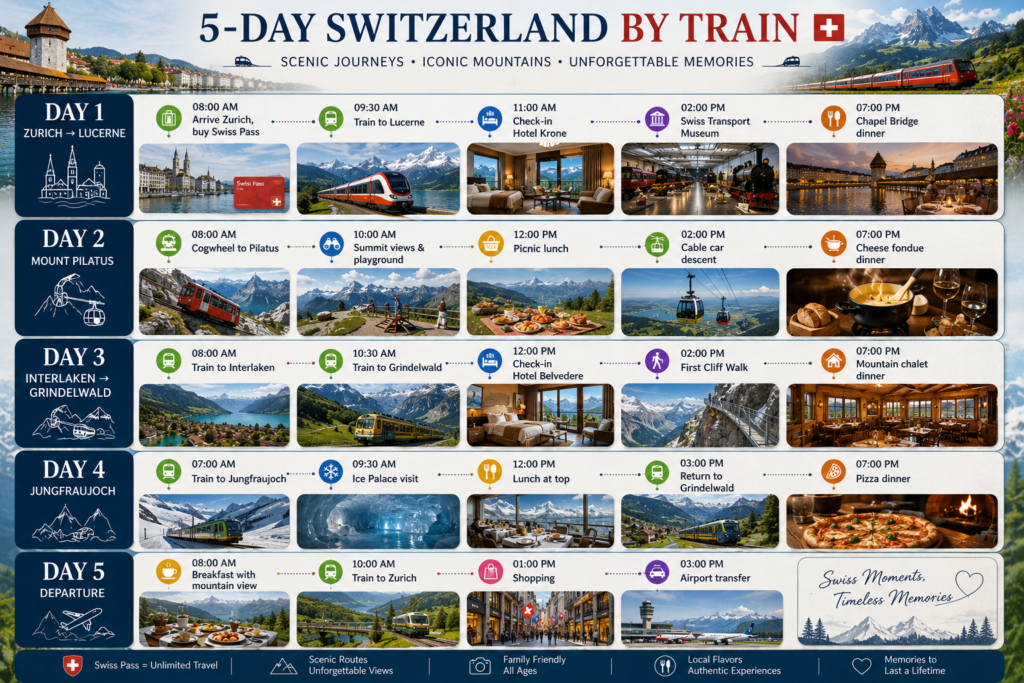 5-day family-friendly Switzerland rail tour itinerary with Swiss Travel Pass, Mount Pilatus, Jungfraujoch, Interlaken, and Grindelwald activities.