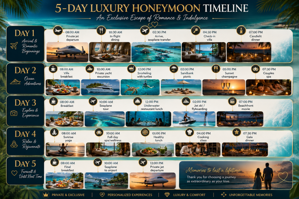 5-day luxury Maldives itinerary featuring private jet charter, overwater villa stay at Soneva Jani, yacht excursion, underwater dining, and spa wellness.
