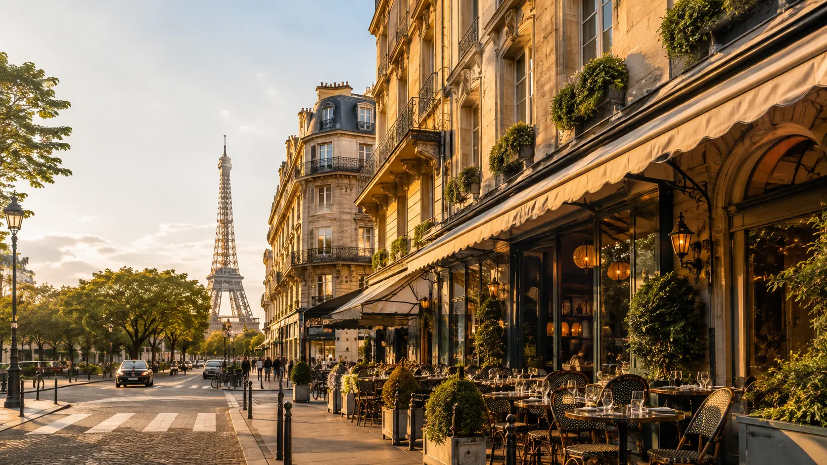 Paris luxury travel guide with elegant café and Eiffel Tower